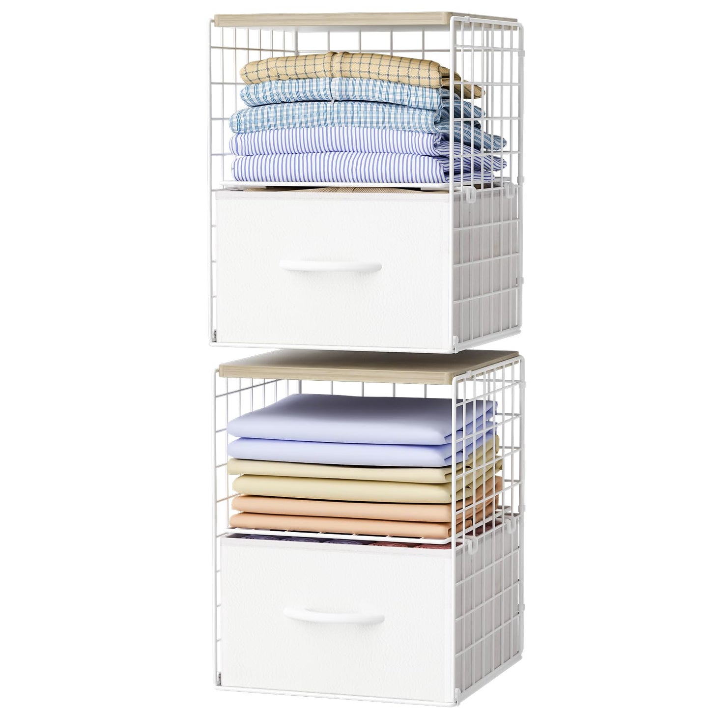 2 Pack Stackable Storage Drawers, Closet Organizers and Storage Shelves with Wooden Top & Adjustable Dividers, White Fabric Closet Drawer Organizer, Modular Storage Bins for Bedroom Wardrobe Apartment
