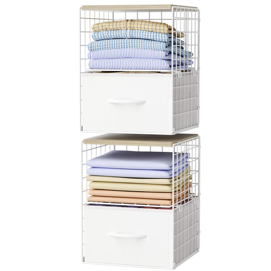 2 Pack Stackable Storage Drawers, Closet Organizers and Storage Shelves with Wooden Top & Adjustable Dividers, White Fabric Closet Drawer Organizer, Modular Storage Bins for Bedroom Wardrobe Apartment
