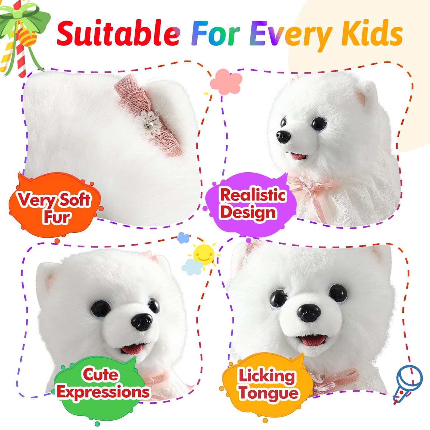 Walking Barking Singing Samoyed Puppy Toy, Repeats What You Say, Realistic Licking Tongue Wagging Tail Mechanical Dog with Touch or Voice Control, Interactive Music Dancing Plush Pet for Kids