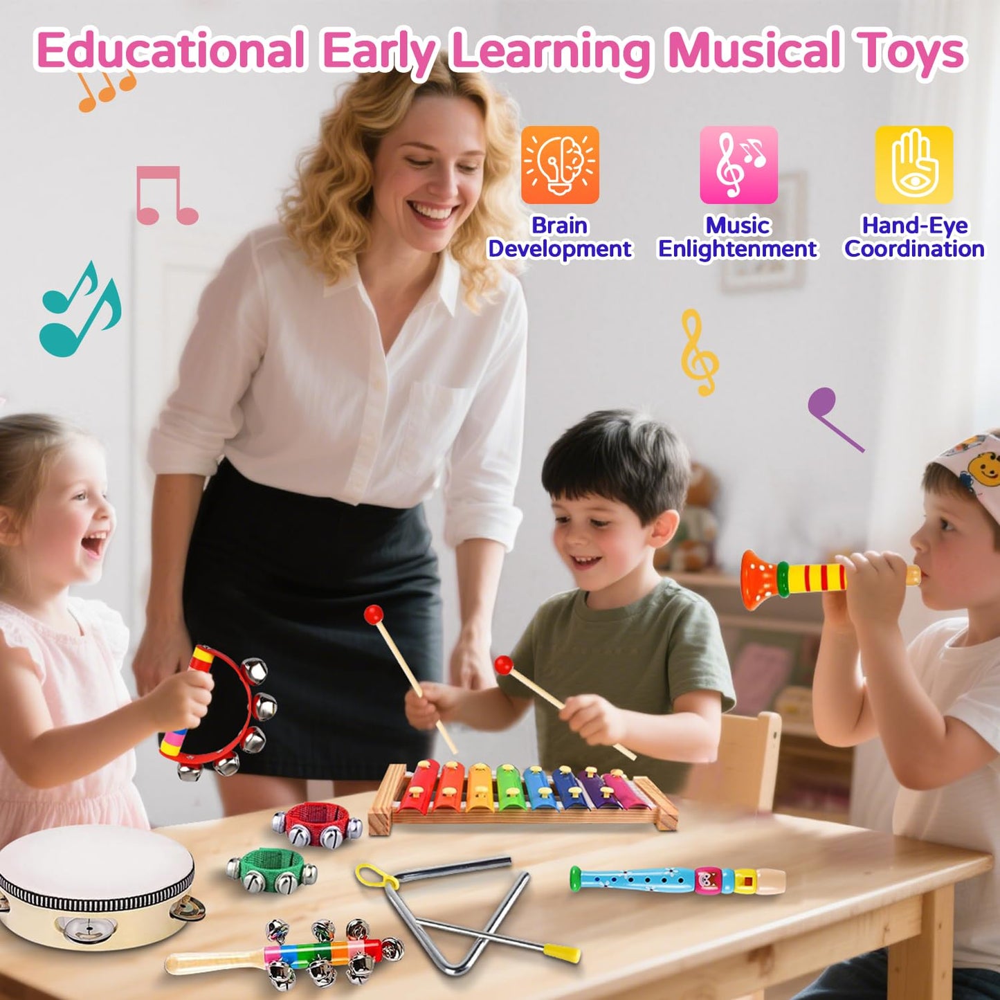 INLAIER - Children's musical instruments, wooden percussion instruments, tambourine, xylophone, children's toys, preschool education, early learning, musical toy for children and