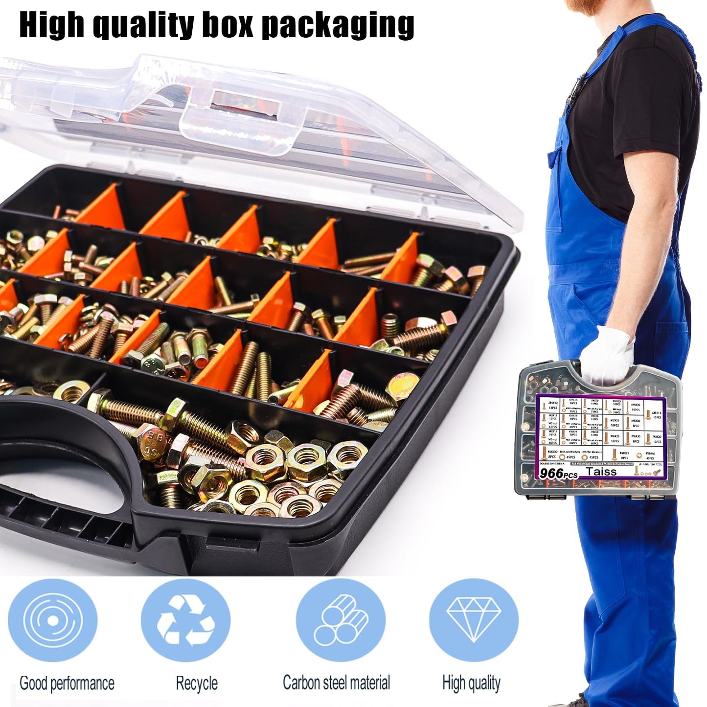 Taiss 966pcs Grade 8.8 Metric Bolt Assortment,Metric Bolts and Nuts Assortment,Bolt Kit M4 M5 M6 M8(12-30mm) Heavy Duty Hex Bolts and Nuts Kit Flat/Lock Washer Yellow Zinc Plated,with Handheld Box