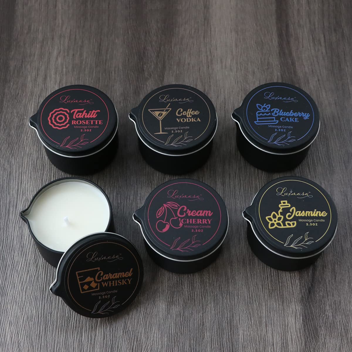 LUXMASA All Natural Scented Home Relaxing Massage Candle Oil Wax for Skin Care, Essential Oil Infused SPA Candle Pack of 4-9.4OZ(2.35OZ*4)-Tahiti,Jasmine,Cream Cherry, Blueberry Cake