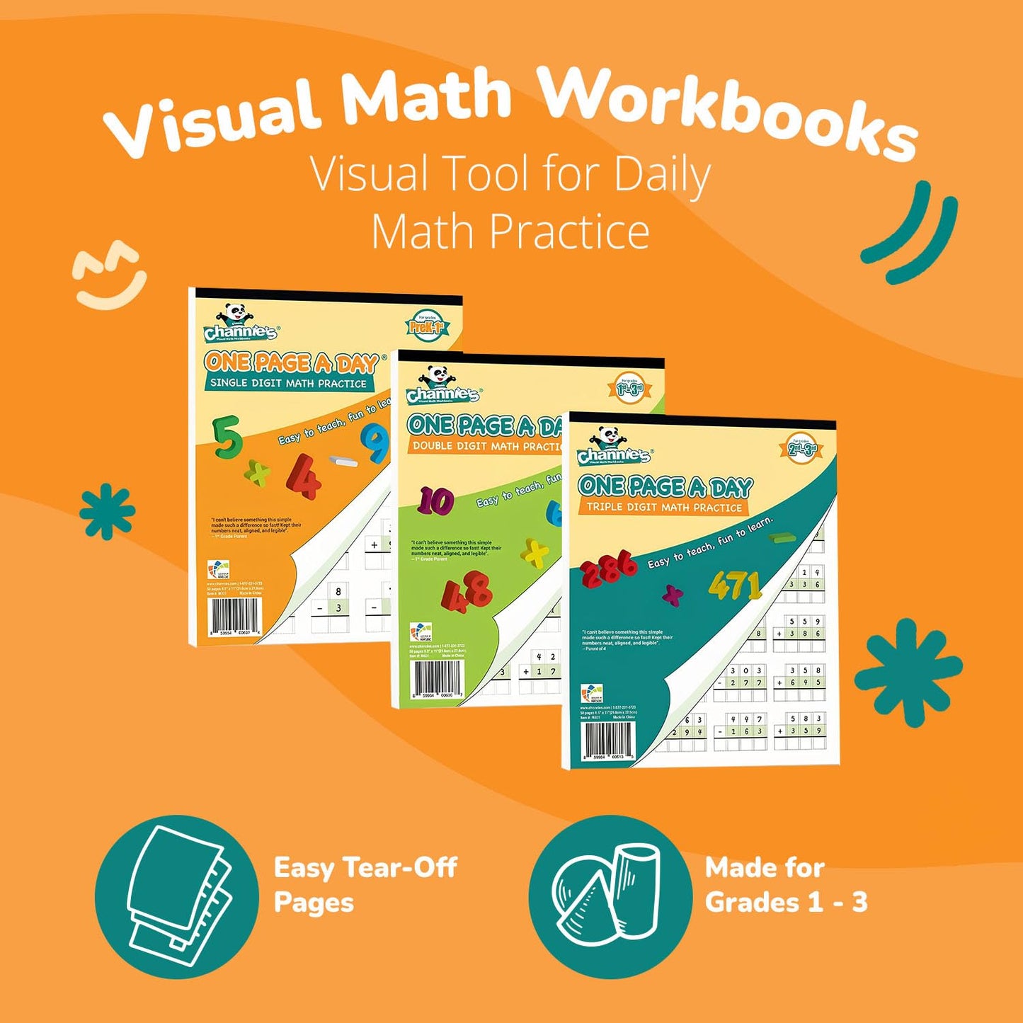 Channie’s One Page A Day Single, Double & Triple Digit Math Worksheets for Pre-K to 3rd Grade Kids, Addition & Subtraction Workbook, Easy Tear-Off Pages, 3 Pack for Daily Practice
