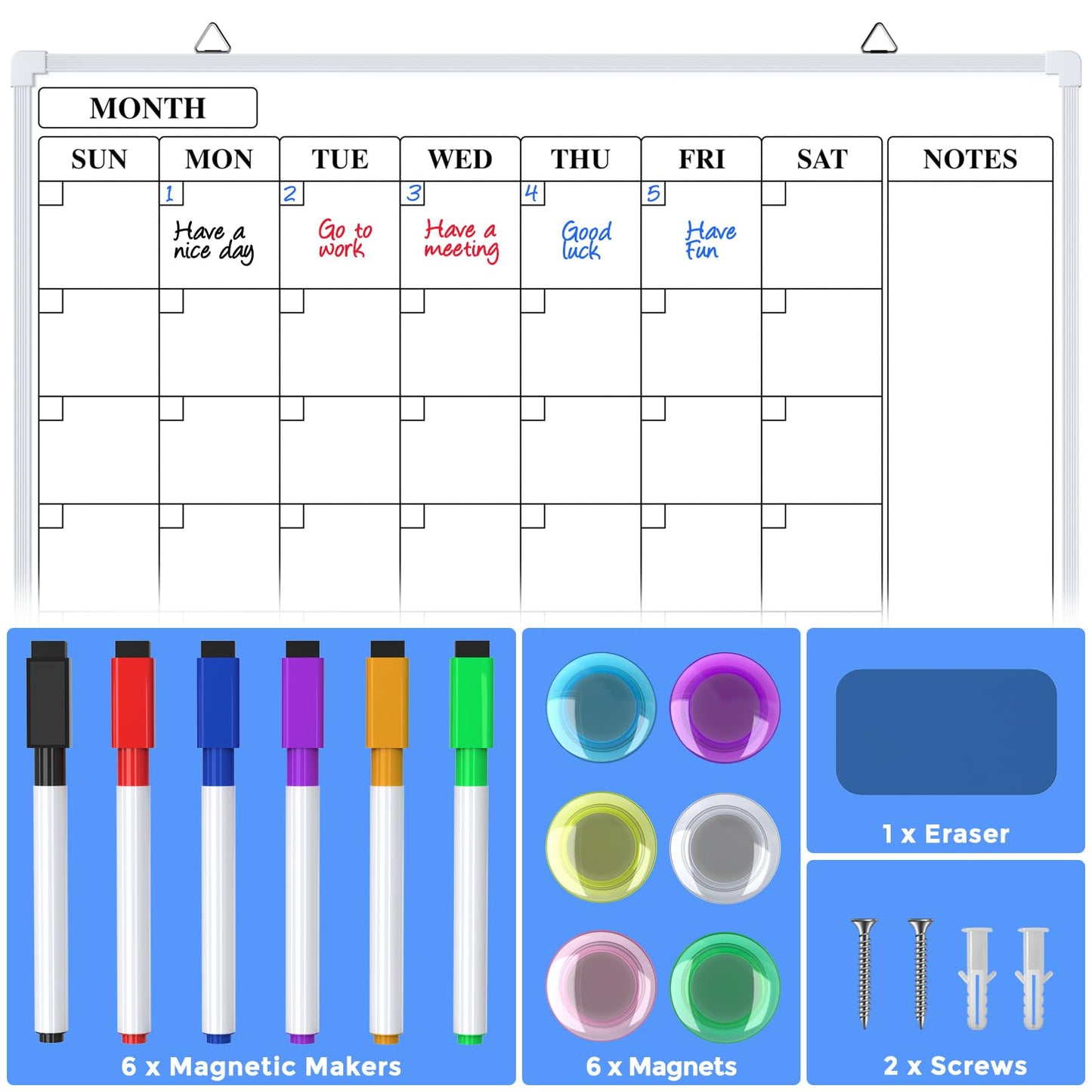 MaxGear Monthly Calendar Dry Erase Board for Wall, 24"x18" Magnetic Double-Sided White Board, Hanging Whiteboard for Planning, Drawing, Memo, to Do List, School, Home, Kitchen, Office