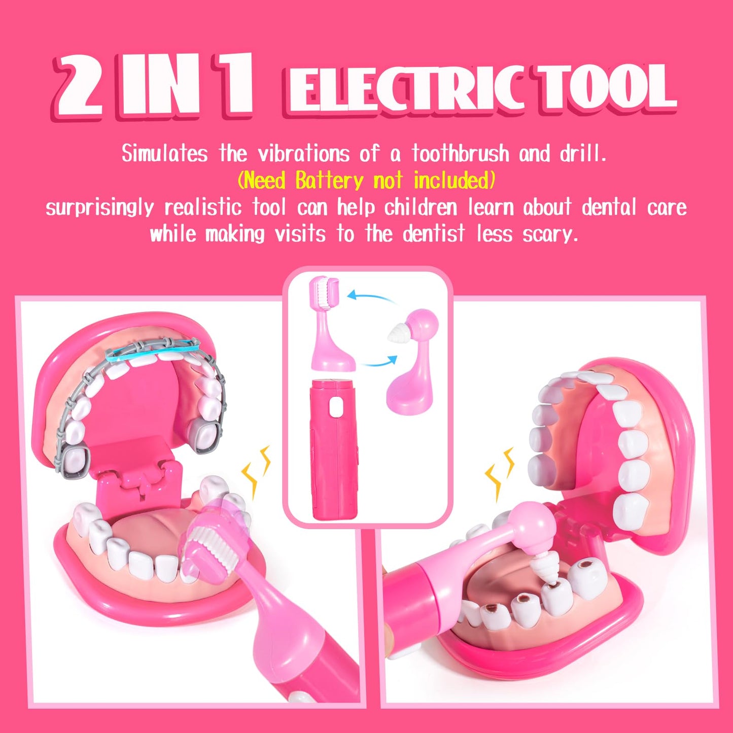 ULOVEME Kids Dentist Play Set Pink with Braces /Removable Teeth /Retainer - Doctor Kit for Toddlers 3-5 - Educational Toys for 4+ Year Old Girls - Pretend Play Toy for Ages 5-7 (Pink)