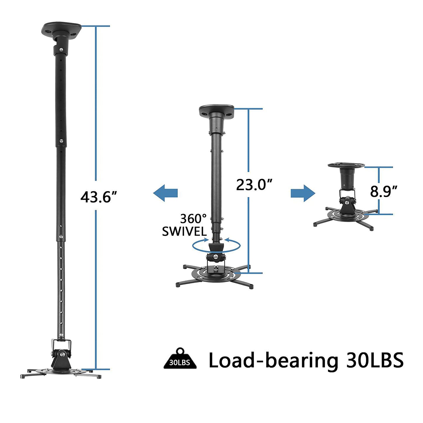 DYNAVISTA Full Motion Universal Ceiling Projector Mount Bracket with Adjustable Height and Extendable Arms Rotating Swivel Mount for Home and Office Projector (Black)