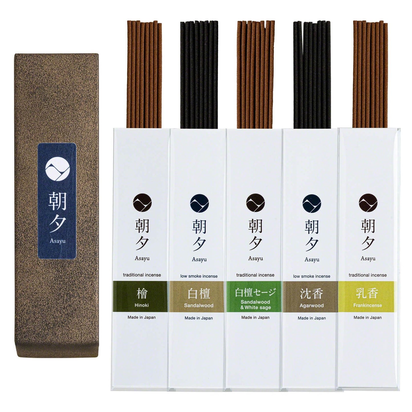 Asayu Japan Incense Sticks Assortment - 5 Natural Fragrances, 20g, 100% Made in Japan Incense Sampler Variety Pack - for Yoga, Zen Meditation & Relaxation