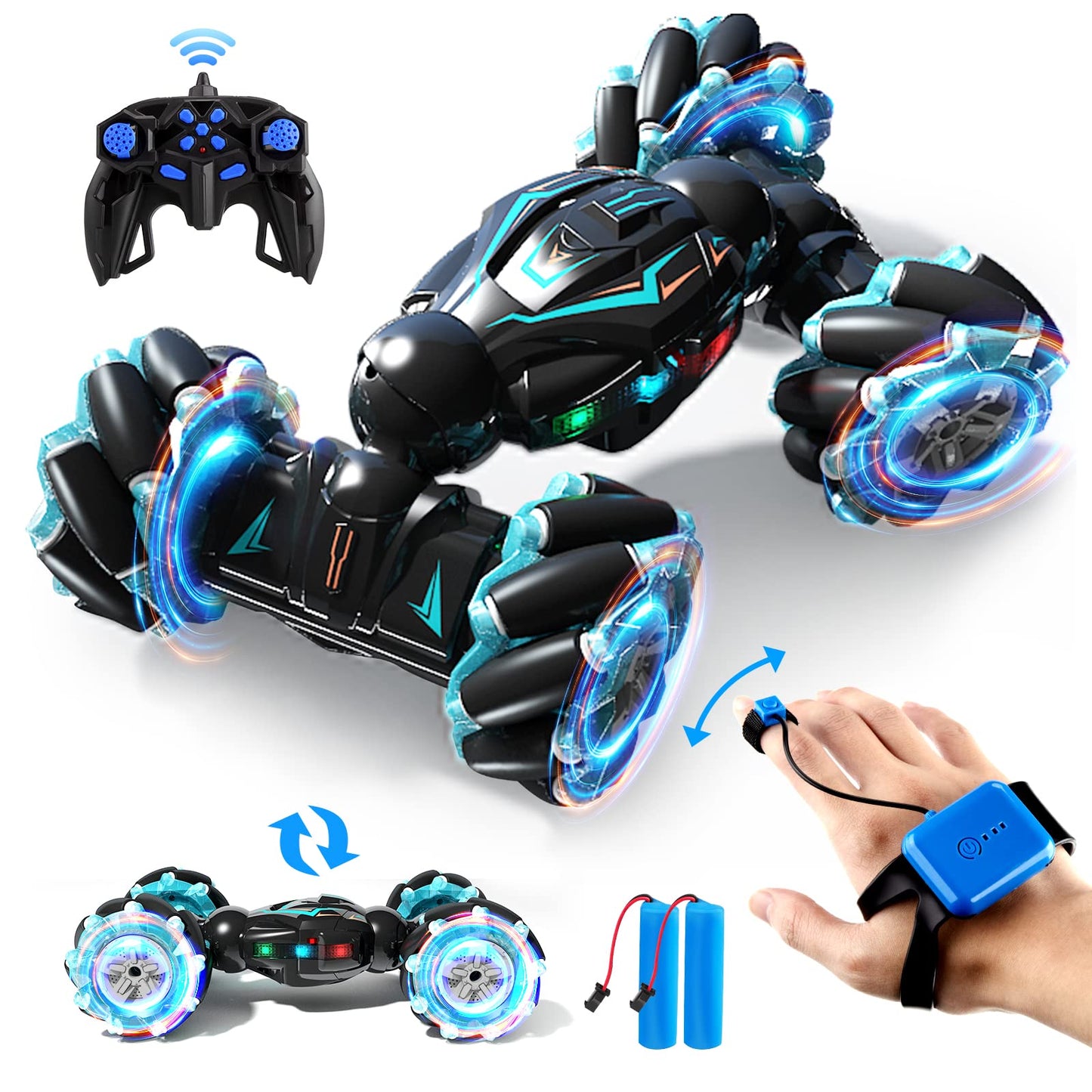 Jovow 1:12 RC Stunt Car, 2.4GHz 4WD Remote Control Gesture Sensor Toy Cars, Double Sided Rotating Off Road Vehicle 360° Flips with Lights Music, Toy Cars for Boys & Girls Birthday