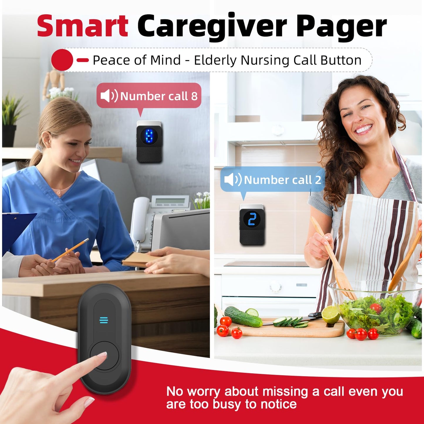 CallToU Caregiver Pager Wireless Call Button System Call Bell Alert Button Wireless Calling System for Elderly at Home/Deaf Eldrely/Clinic/Medical Institution/Nursing Home (CC22WH 8-1)