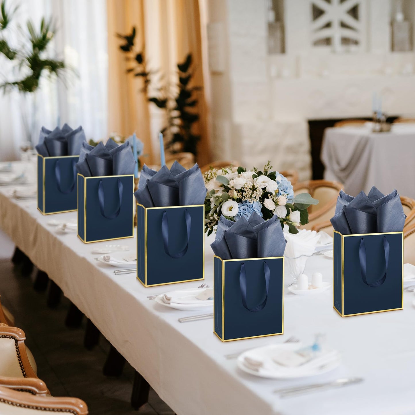 Yeaqee 50 Pack Metallic Gift Bags with Handle and Tissue Paper for Wedding Bridesmaid Groomsmen Baby Shower Holiday Thank You 5 Senses Gift Bag for Her Him Birthday 9 x 7 x 3. 15''(Navy Blue and Gold)
