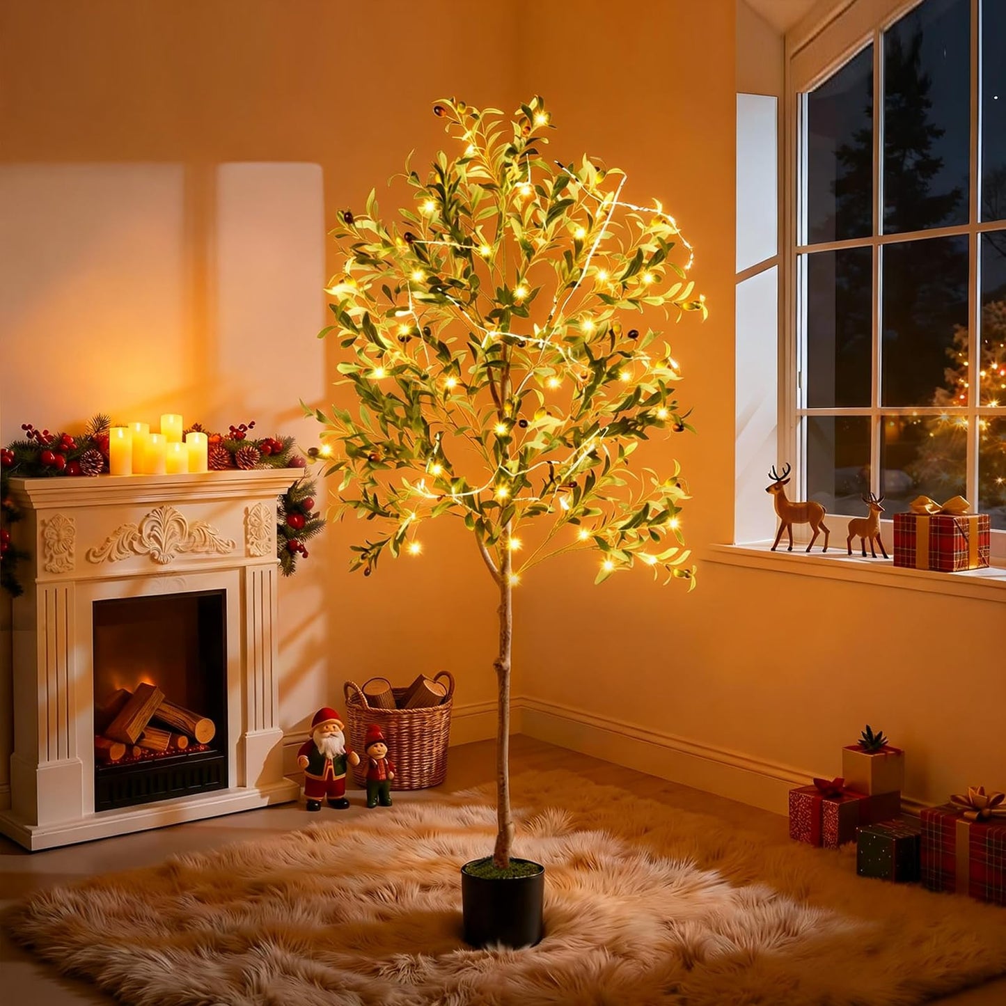 Olive Tree, 6FT Tall Faux Olive Tree with Moss and Planter, Olive Trees Artificial Indoor with Realistic Wood Trunk and Lifelike Fruits, Fake Olive Tree for Home Office Living Room Decor