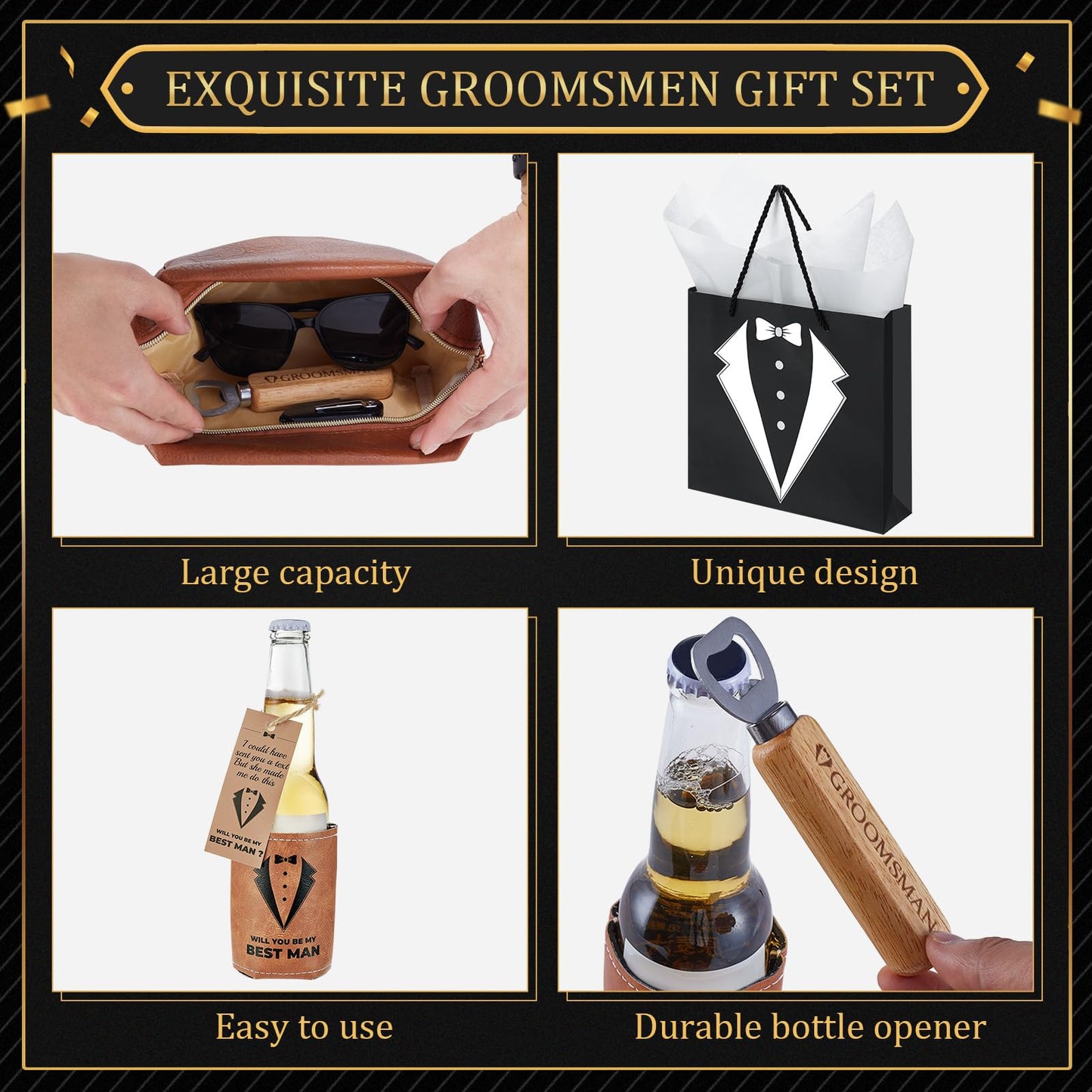 50Pcs Groomsmen Gifts Groomsmen Proposal Box with Shot Glasses Socks Sunglasses PU Leather Toiletry Bag Bottle Opener Can Cooler Groomsman Gifts for Wedding Groomsmen Best Man Gift (50, Brown)