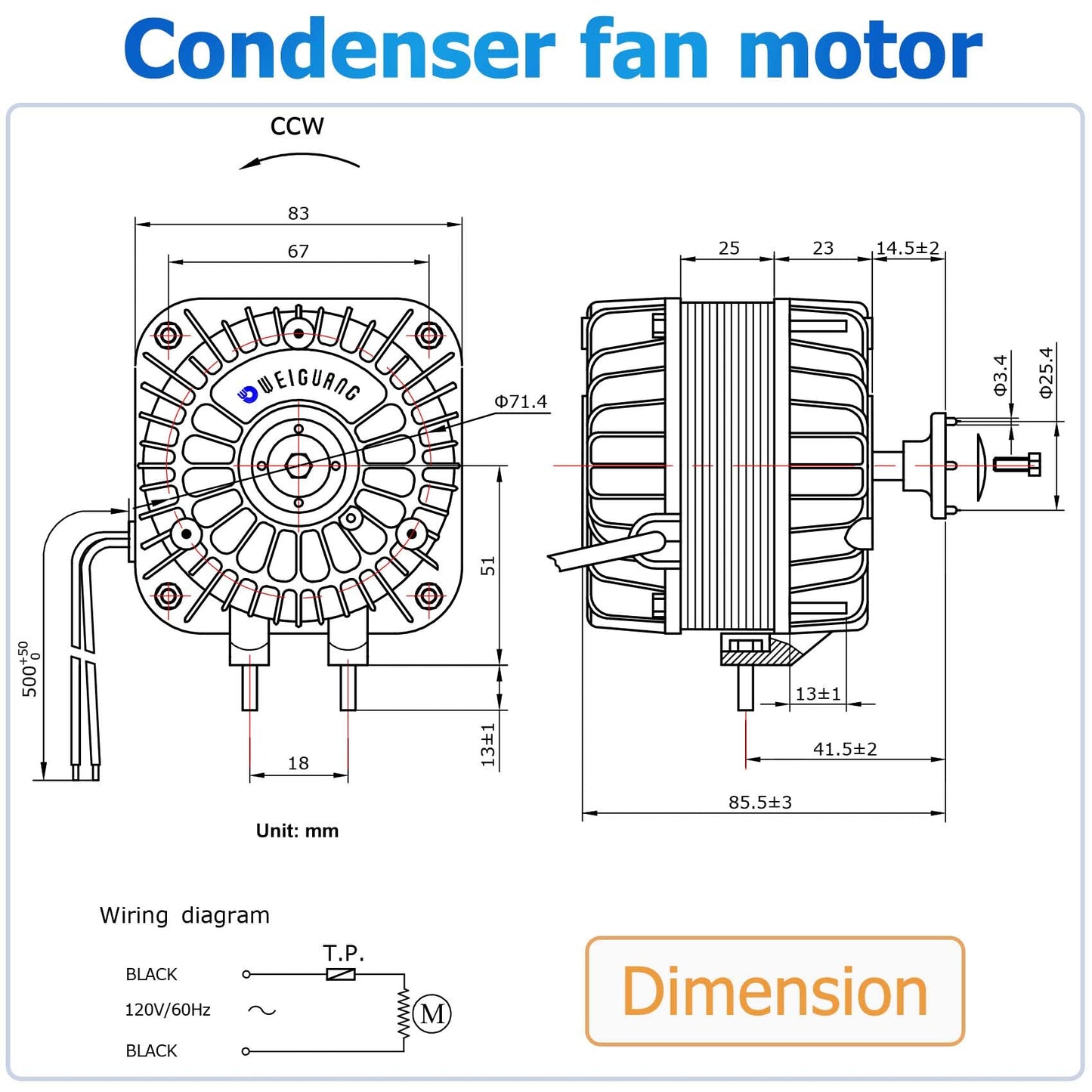 YZF18-25 Fan AC Motor 120V 18W 1.01A 60Hz Shaded Pole Condenser Motor Replace YZF10-20 YZF6-13 W0301905 for Refrigeration Equipment Radiator Evaporator Freezer, Small Ventilation Equipment 1550rpm