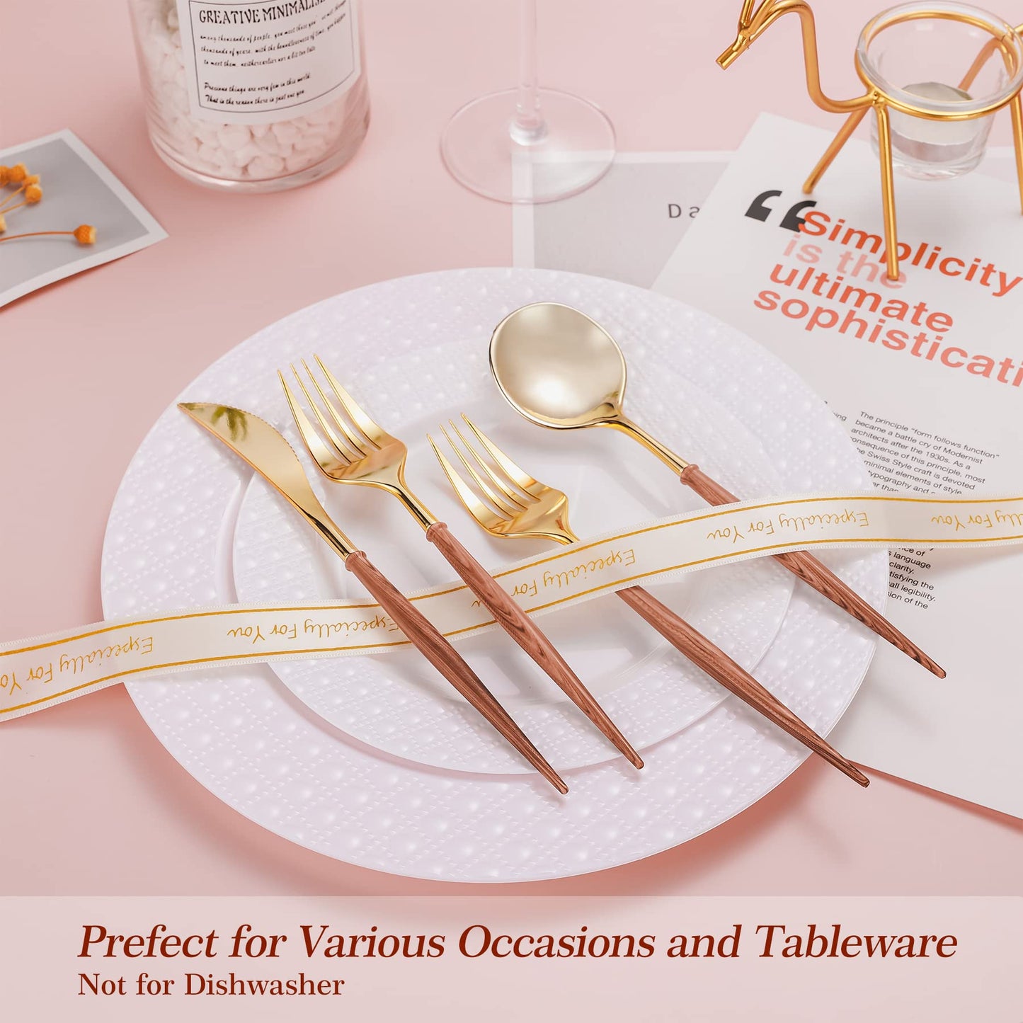 Lullaby 240PCS Gold Plastic Silverware, Gold Disposable Cutlery with Wood Grain Handle Include 80 Forks, 80 Spoons, 80 Knives, Elegant Disposable Silverware for Wedding, Party, Gathering, Daily Use