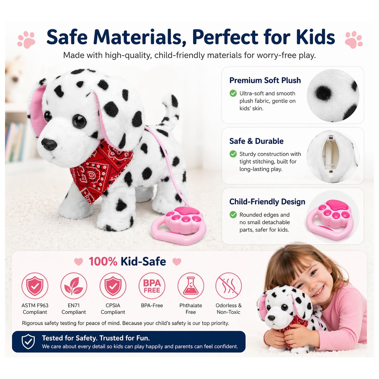 YH YUHUNG Walking and Barking Dalmatian Puppy Dog Stuffed Animated with Remote Control Leash,Head Nod,Walking,Barking,Tail Wagging,Electrnoic Pets Puppy Plush Toy for Kids,Boys and Girls Gift