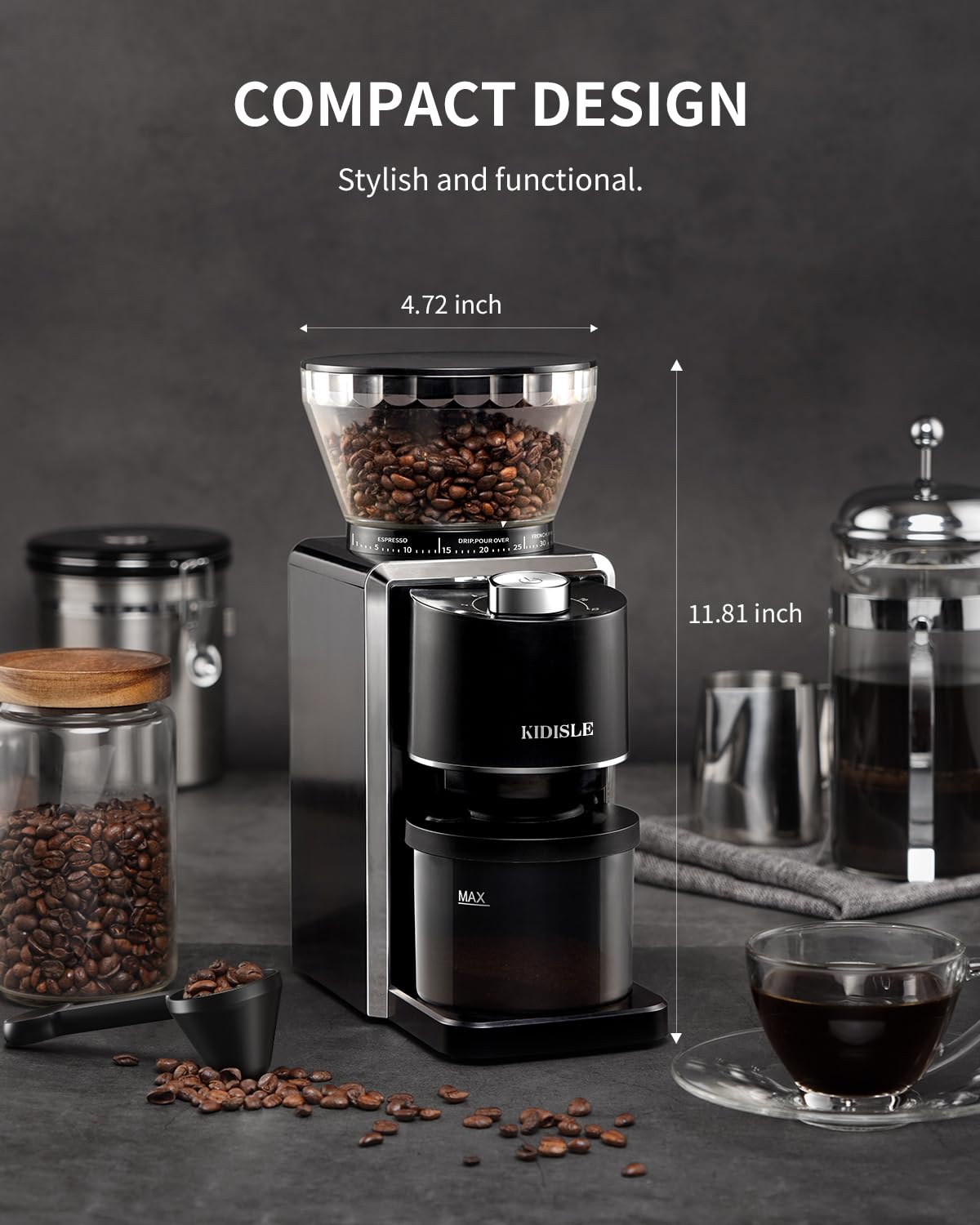 KIDiSLE Conical Burr Espresso Grinder, 35 Precise Settings Electric Coffee Bean Grinder with Anti-Static Technology, Quiet Burr Coffee Grinder for Espresso, Pour Over, French Press, 2-12 Cup, Black