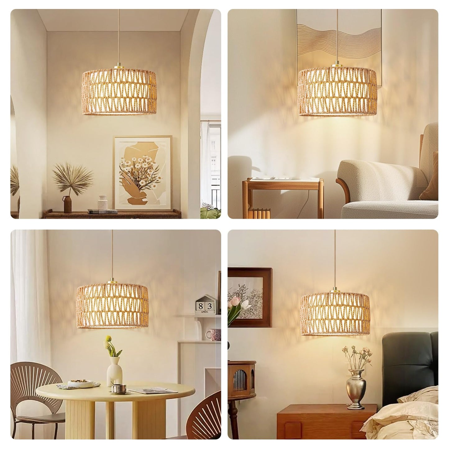 Beser·Win Plug in Pendant Light Rattan Hanging Lights with Plug in Cord, Woven & Fabric 2 in 1 LampShade, Hanging Lamp Plug in for Bedroom Living Room Kitchen Island (Bulb Included)