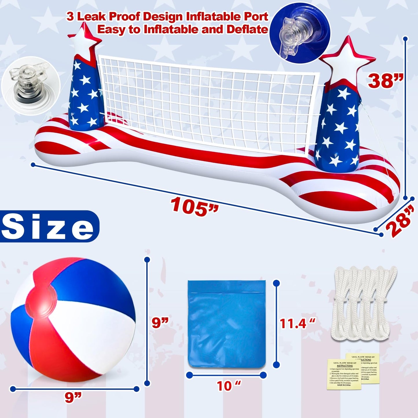 Large Inflatable Pool Games Volleyball Net Pool Float Set with 9" Beach Ball, 2 Weight Bags & American Flag Design – Floating Swimming Game Toy for Adults & Kids, Perfect for 4th of July Party Summer