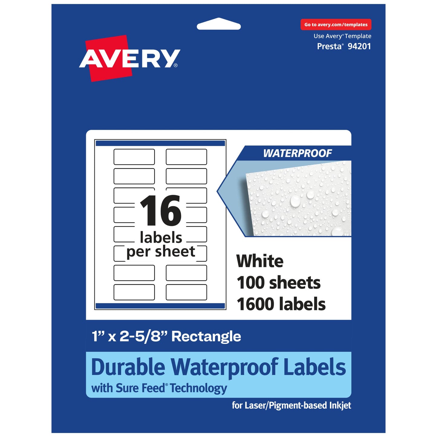 Avery Durable Waterproof Rectangle Labels with Sure Feed, 1" x 2-5/8", 1,600 Oil and Tear-Resistant Waterproof Labels, Print-to-The-Edge, Laser/Pigment-Based Inkjet Printable Labels