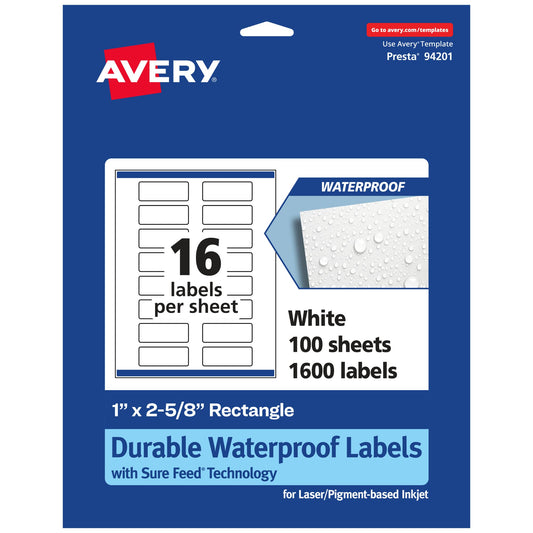 Avery Durable Waterproof Rectangle Labels with Sure Feed, 1" x 2-5/8", 1,600 Oil and Tear-Resistant Waterproof Labels, Print-to-The-Edge, Laser/Pigment-Based Inkjet Printable Labels