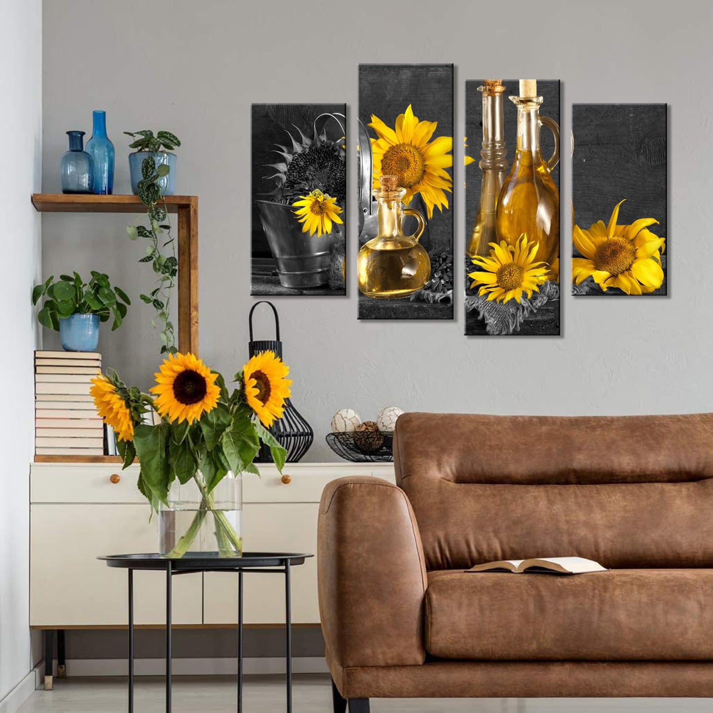 Biuteawal- 4 Panel Black and White Canvas Wall Art Wine with Yellow Sunflower Picture Painting Print Still Life Artwork for Home Dining Room Living Room Wall Decor Framed and Easy Hanging