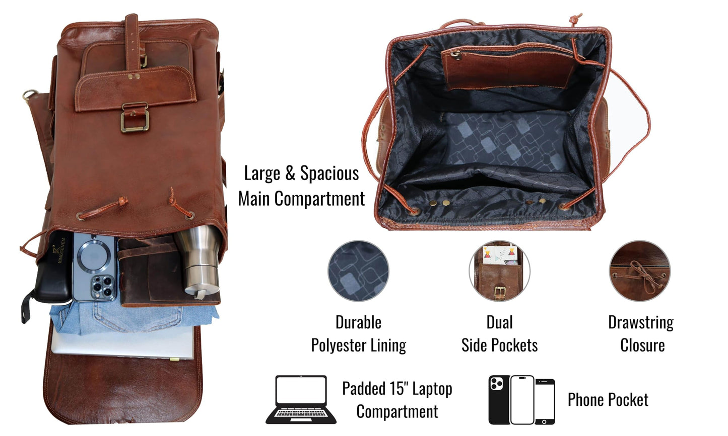 Jaald 18" Leather Laptop Backpack Vintage Rucksack Daypack College Bag School Picnic Bag Full Grain Leather
