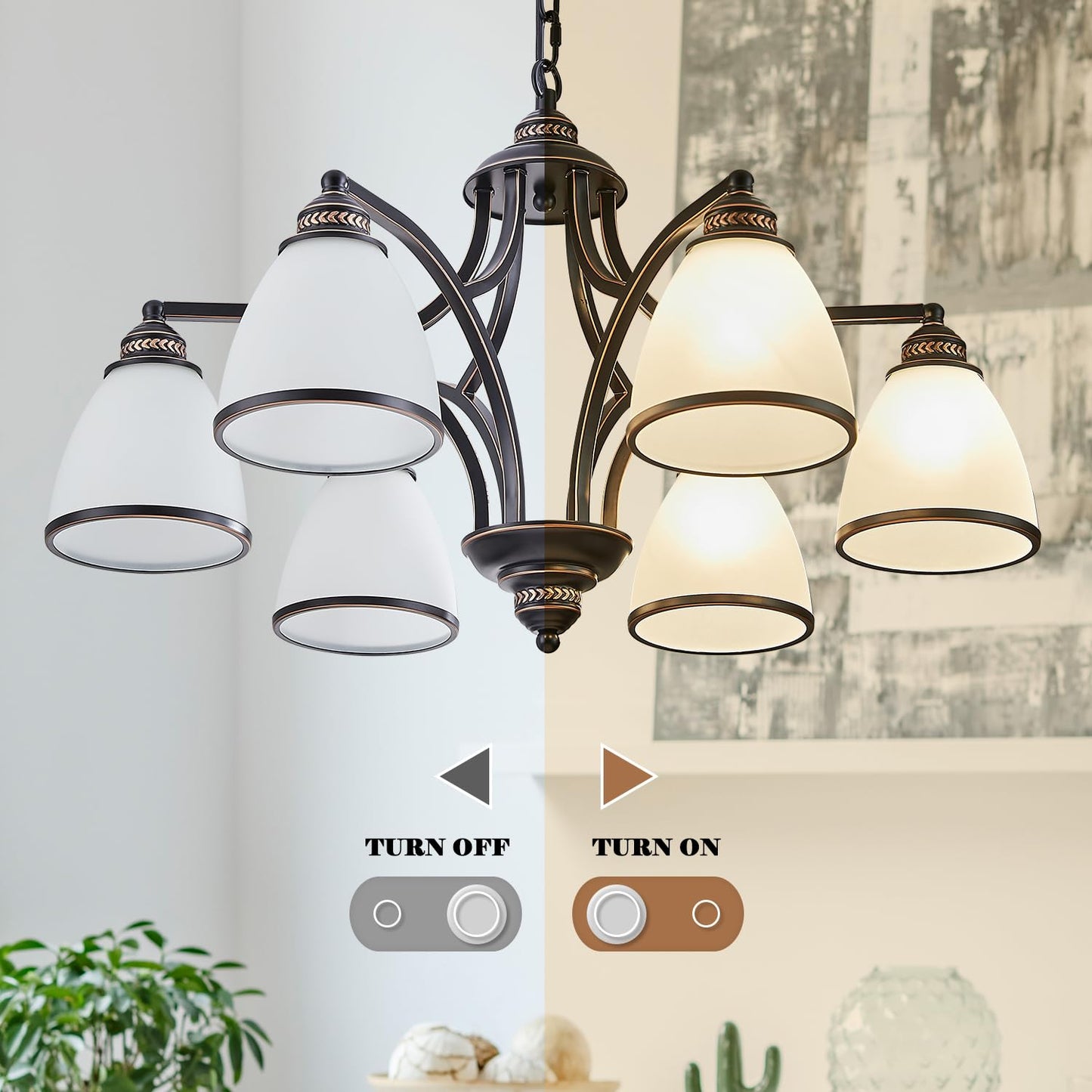 6-Light Chandeliers for Dining Room with Frosted Glass Black and Gold Strokes Modern 30’’Ceiling Hanging Light Fixtures Classic Pendant Lighting for Kitchen, Island, Dining Table, Adjustable Height