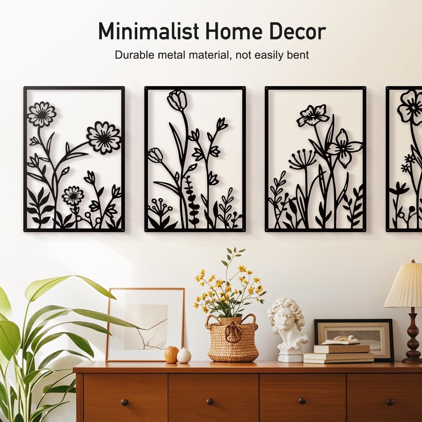 Sokurdeg Black Metal Flower Wall Decor, Minimalist Floral Botanical Wall Art, Abstract Line Boho Farmhouse Decor for Living Room, Bathroom, Bathroom, Office, Meaningful Gift (4 Pcs, 12x17 in)