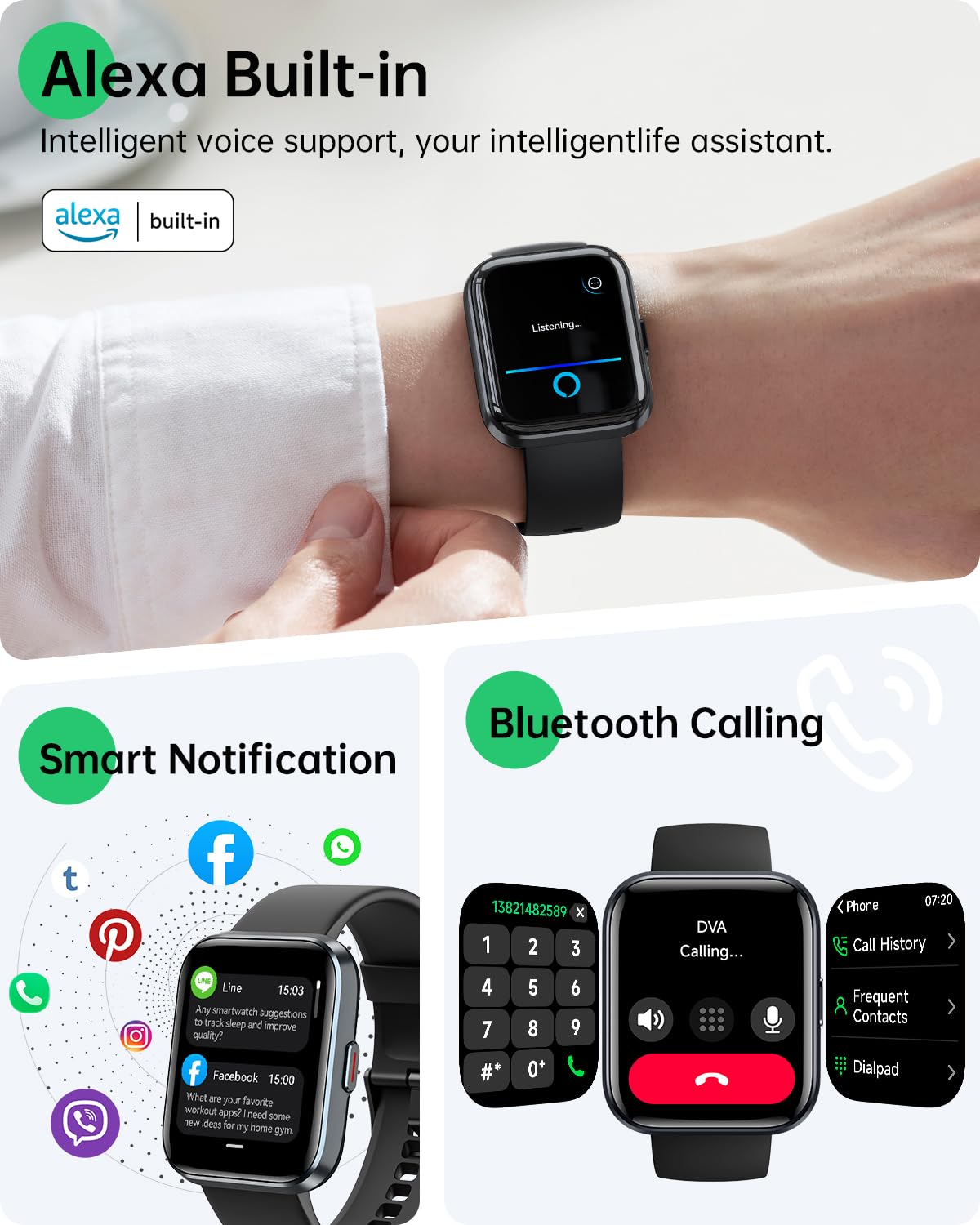 WMK Smart Watches for Women, Alexa Built-in, Answer/Make Call,1.83" Display,10 Day Battery, Heart Rate/SpO2/Sleep Monitor, 3ATM Waterproof, Compatible with iPhone/Android Fitness Tracker(2 Bands)