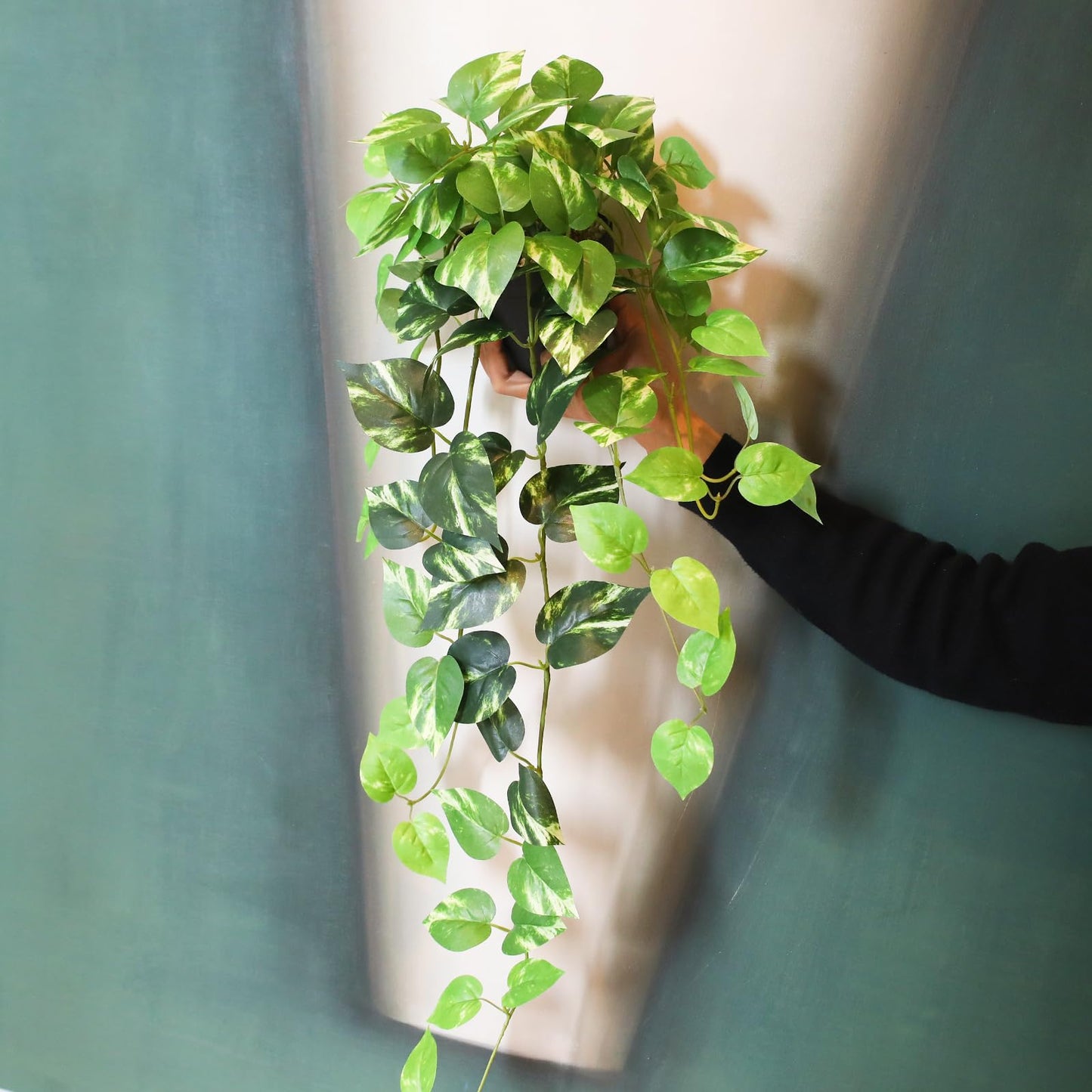 Fake Pothos Hanging Plants - Set of 2 Artificial Silk Ivy Vines with Pots, Realistic Faux Greenery for Indoor Home Decor, Low Maintenance Hanging Plant Decoration (Golden Green)
