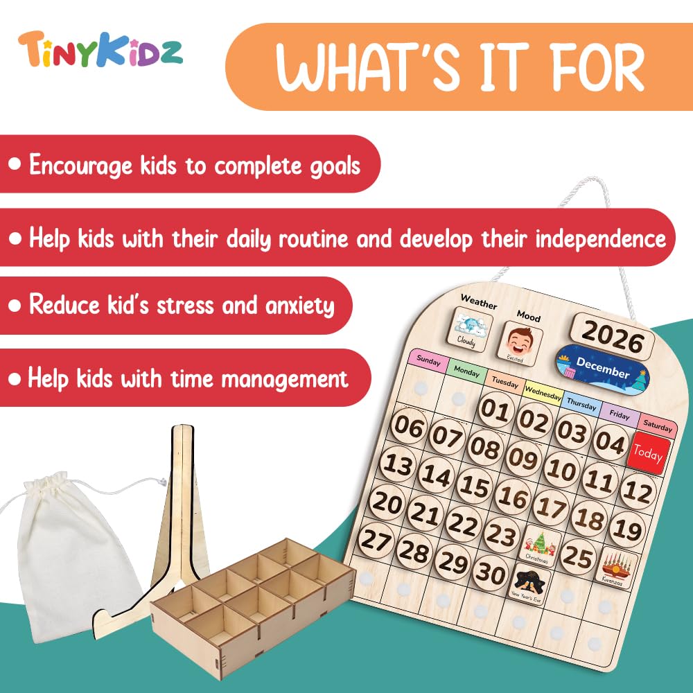 TinyKidz Wooden Calendar for Kids, Preschool Toddler Calendar Learning at Home and Classroom Teaching, Hanging Calendars for Kids, Months and Days of The Year