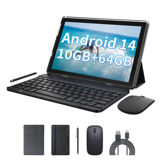 2 in 1 10GB+64GB Tablet 10.1 inch Android 14 Tablet Set Tablets with Keyboard Case wireless Mouse Stylus Screen Flim 10.1 IN 1280*800 HD Touch Screen 8MP Dual Camera Games Tab Wi-Fi BT Tableta PC