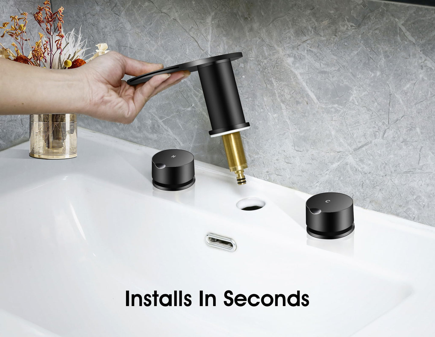 AUU Moon Bathroom Sink Faucet 3 Holes,Waterfall Bathroom Vanity Sink Faucets Solid Brass,2 Handles Widespread 8 Inch Basin Faucets (Black)