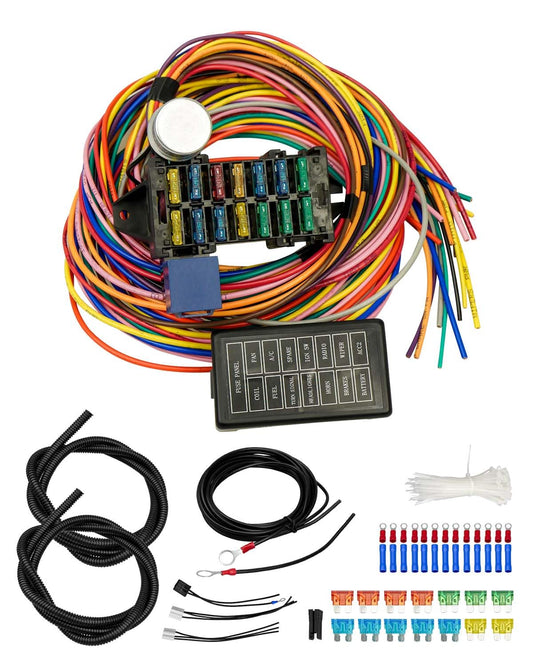 14 Circuit Universal Wiring Harness Fit for Street Muscle Car Hot Rod XL Wires, 12V Fuse Wiring Harness Kit Compatible with Chevy Ford Chrysler Mopar Muscle Car