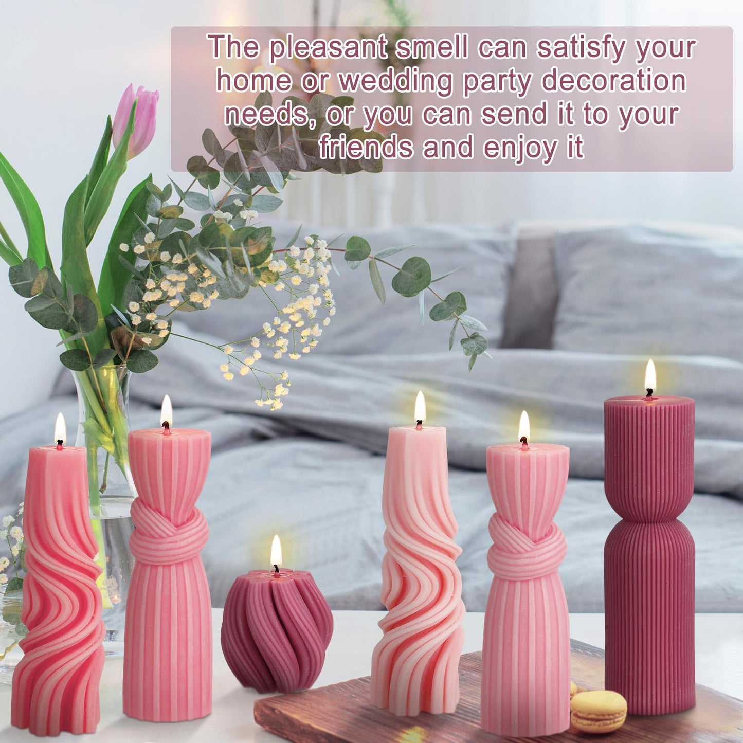 Threlaco 6 Pcs Pillar Candles Modern Aesthetic Ribbed Decorative Candle Set Cute Soy Wax Scented Ribbed Decor for Home(Pink,2.36-6.89 Inch)