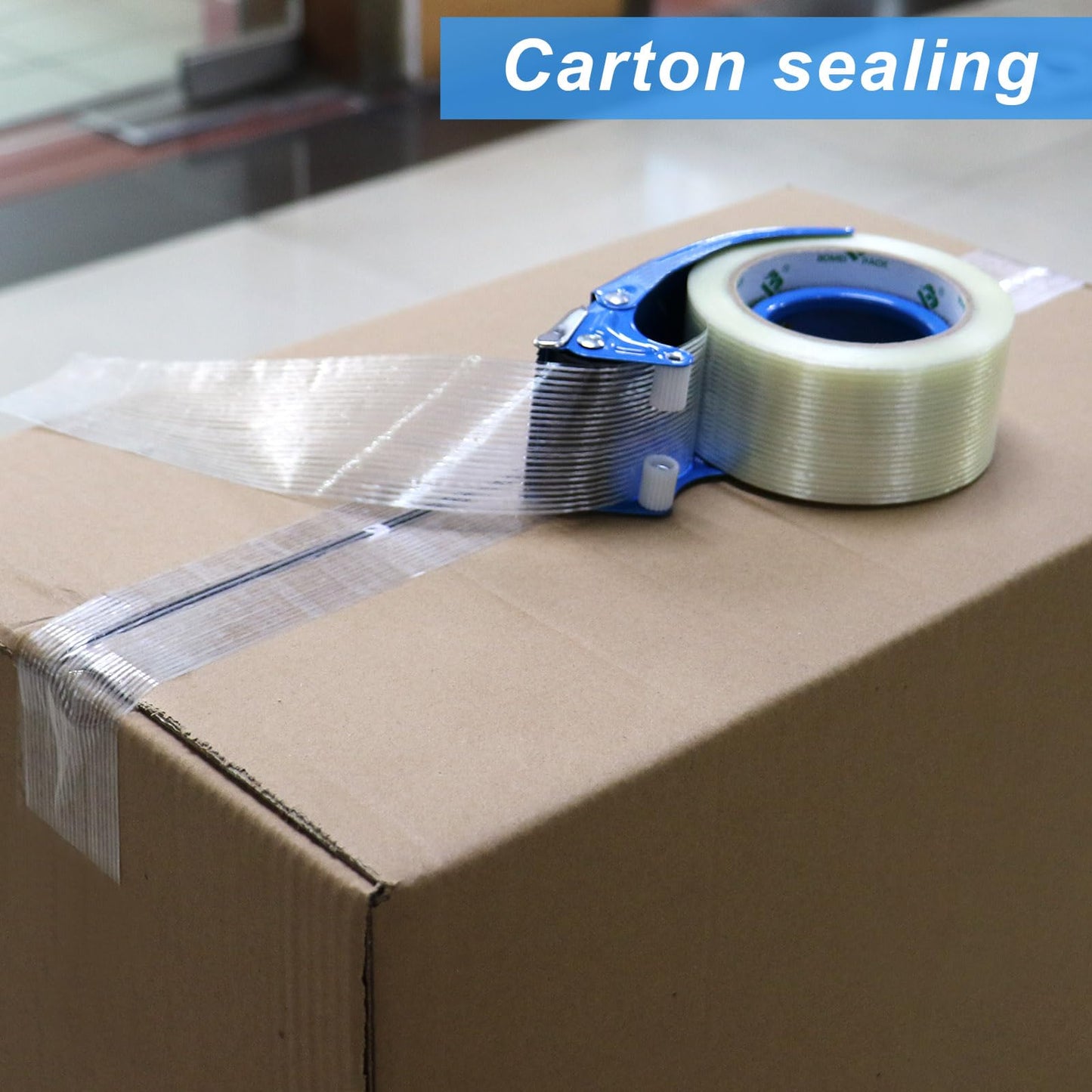 BOMEI PACK Strapping Tape 2Inch, Fiberglass Reinforced Heavy Duty Packing Tape with Dispenser with String for Moving and Shipping, 6Rolls x 5.5Mil x 35Yds, Total 210Yds