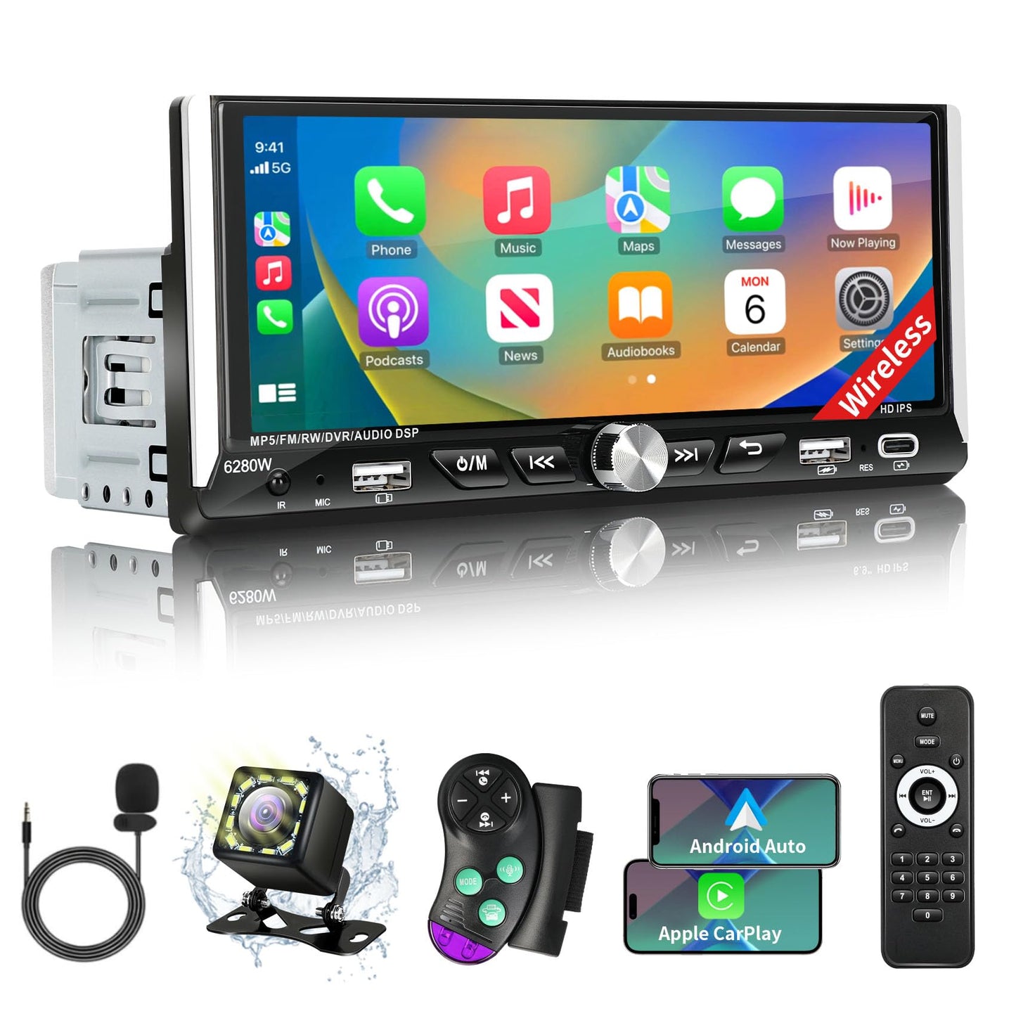Single Din Car Stereo with Wireless Apple Carplay Android Auto, 6.9" IPS Touchscreen Car Stereo with Bluetooth 5.2 Handsfree Mirror Link Backup Camera GPS Navigation Dual USB Fast Charge FM AM EQ SWC