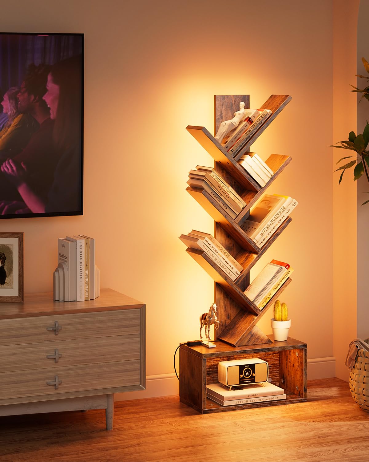 Evermagin 6 Tier Tree Bookshelf with Lights, LED Book Tree Bookcase with Storage Organizer, Small Corner Bookshelf Floor Standing Book Shelf for Living Room, Bedroom & Home Office, Rustic Brown