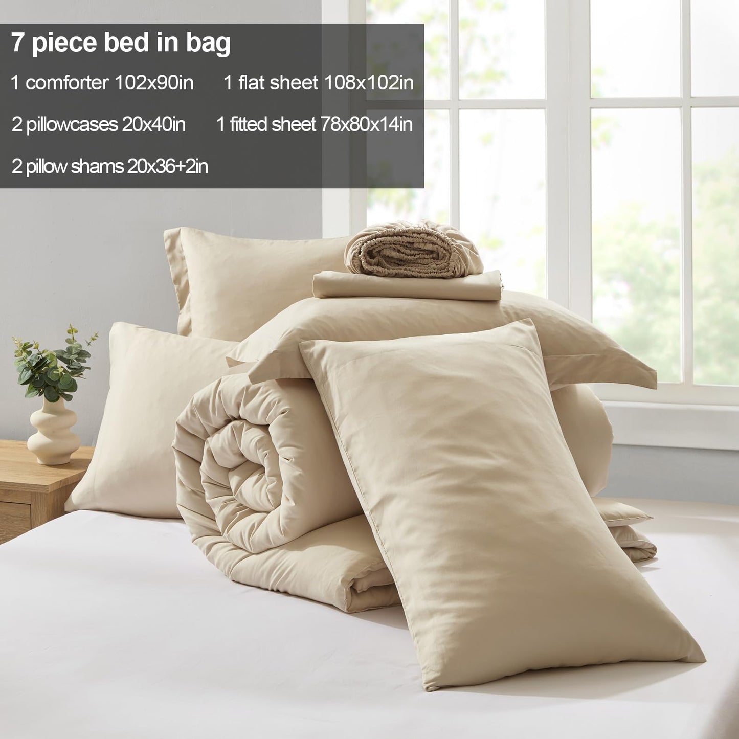 Homelike Moment King Size Comforter Set 7 Piece, Beige Bed in a Bag King Size Bed Set Lightweight and Machine Washable