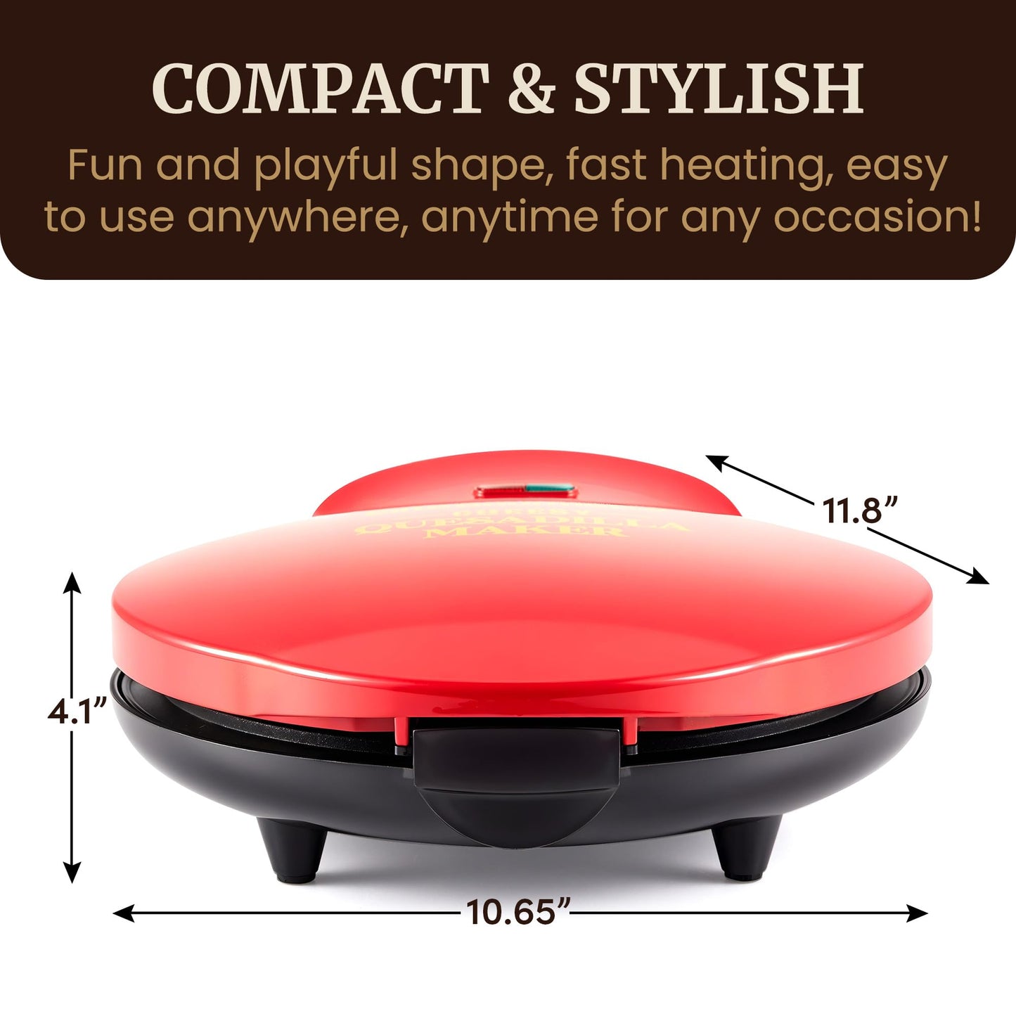 Elite Gourmet 10.65" Cheesy Quesadilla Maker, 2-Position Locking Latch For Extra Stuffing, Easy-Slice 6-Wedge, Red