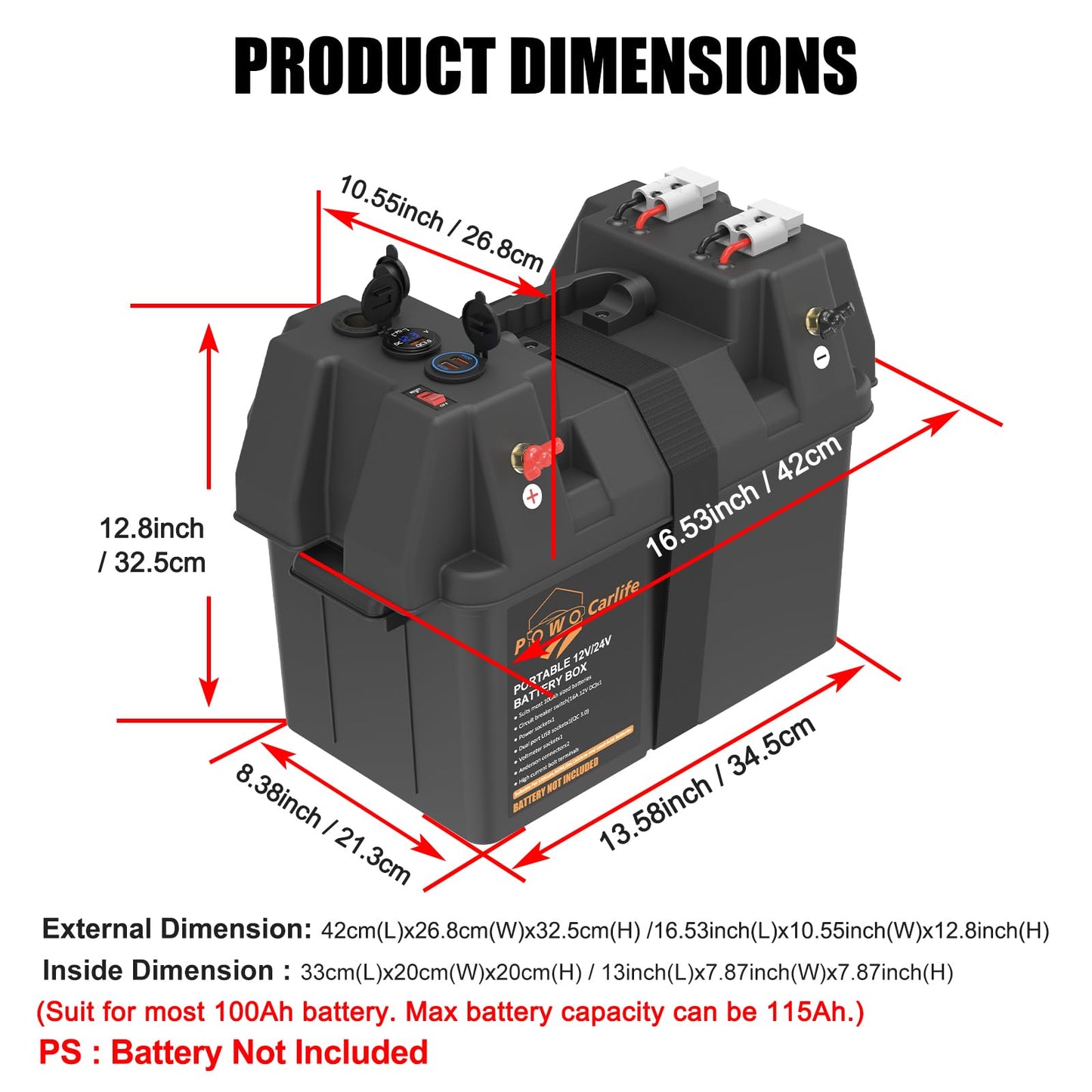 POWO Carlife Smart Battery Box Power Center with USB and DC Ports, Group 24-31 Battery Box for RV, Trailer, Boat, Lifepo4, Lithium