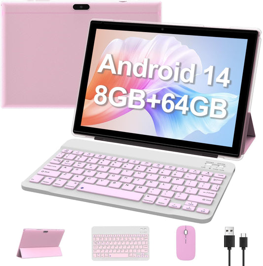 Android 14 Tablet 10 Inch, 2 in 1 Tablets with Keyboard/ Mouse/ Case/ Stylus, 8GB RAM+64GB ROM/1TB Expand Tablet, 1.8Ghz Quad-core Processor, 1280*800 HD Touch Screen, 8MP Camera, 5G WIFI 6 Tablet