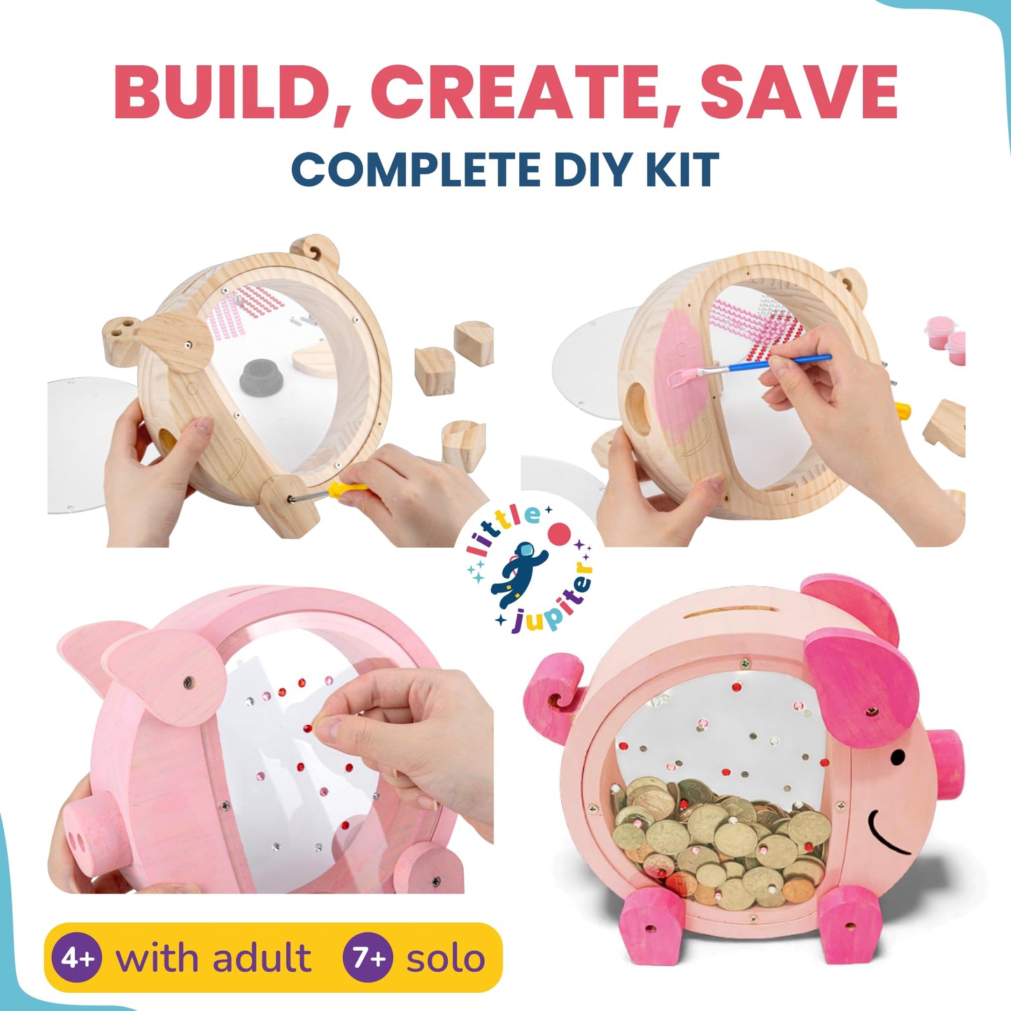 DIY Wooden Piggy Bank for Kids - Wood Building & Painting Kits for Ages 4-8 - Includes Paint, Stick on Gems, & Savings Poster - Arts & Craft Wooden Kits for Boys & Girls - Stem & Savings Craft Project