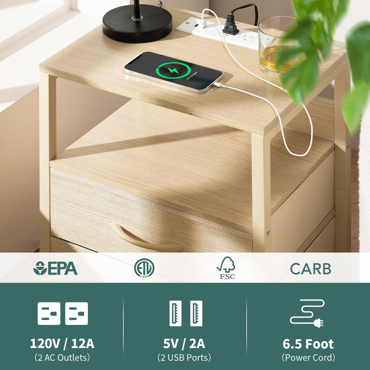 Yoobure Nightstand with Charging Station, LED Night Stand with Fabric Drawers and Storage Shelf for Bedroom, Nightstands Bedside Tables with USB Ports & Outlets, Small Night Stands, Bed Side Table