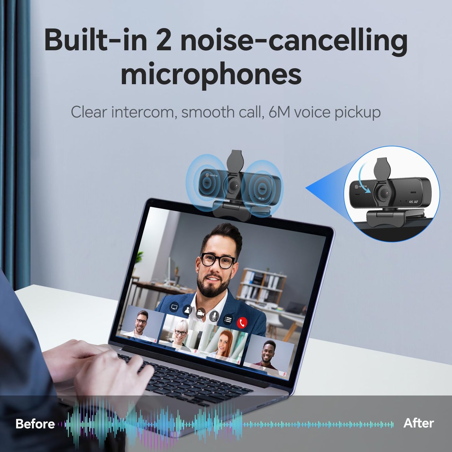 N newline 4K Webcam for PC, 4K UHD USB Webcam with Microphone, New Upgraded Auto Focus, Low Distortion, Privacy Cover, PC Camera for Zoom, Skype, Teams, Laptop, Conferencing, Calling, NewEye 60s
