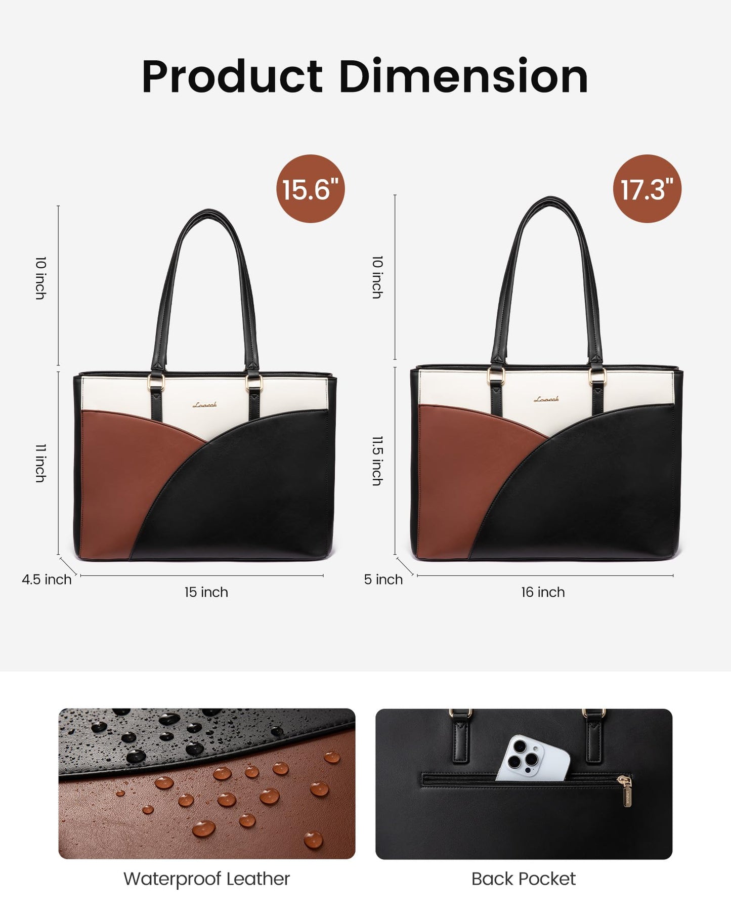 LOVEVOOK Laptop Bag for Women,17.3Inch Work Teacher Bags Leather Tote Bag Briefcase Waterproof Computer Bag for Women，Black-White-Brown
