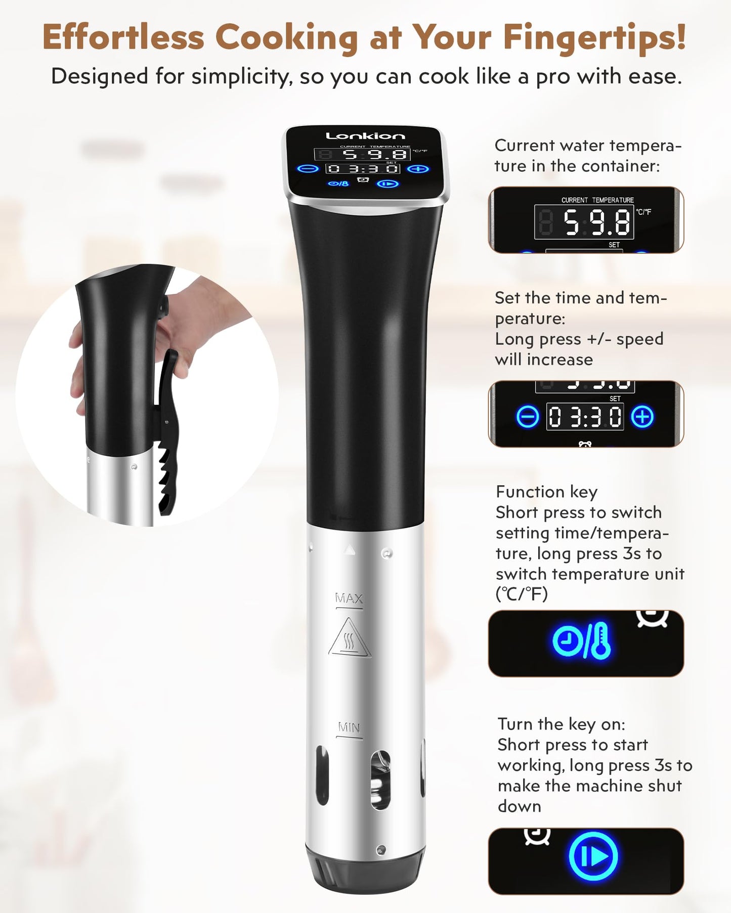 Sous Vide, Lonkion Sous Vide Cooker Machine, Temperature Control, 1100W IPX7 Immersion Circulator, Fast Heating, Home Kitchen Use, Easy to Store