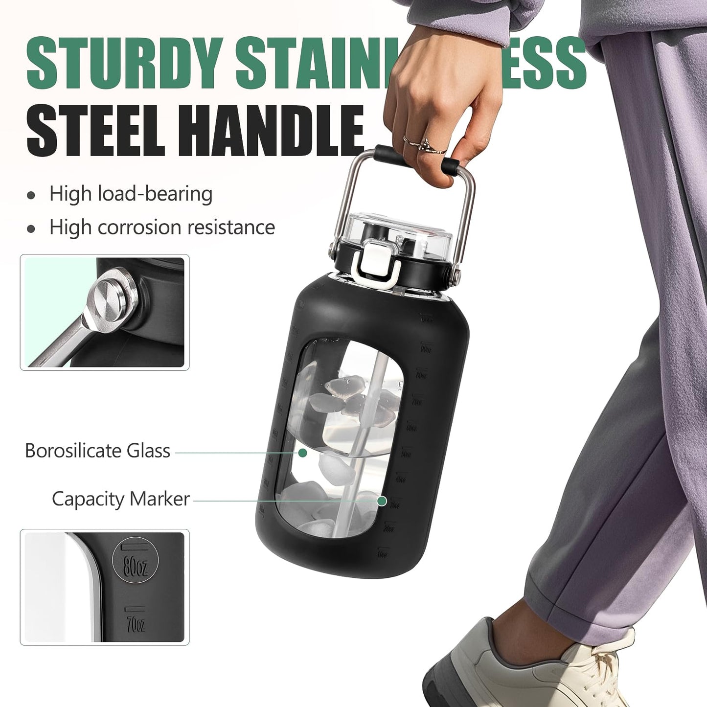 WINSA Large Glass Water Bottles with Stainless Steel Handle,100 oz Gallon Drinking Bottle with 2-in-1 Straw Lid,3 Liter Glass Water Jug with Silicone Sleeve,Wide Mouth,Black