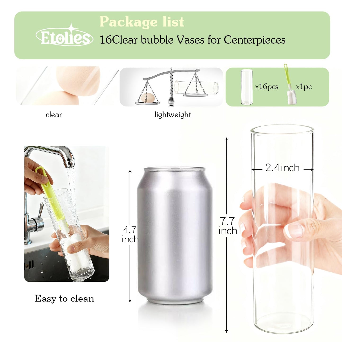 16Pcs Glass Cylinder Bud Vases for Centerpieces, 7.7 Inch Tall Clear Flower Vases in Bulk, Floating Candle Holder for Wedding, Party, Home Decor, Birthday, Decoration, Anniversary, Baby Shower