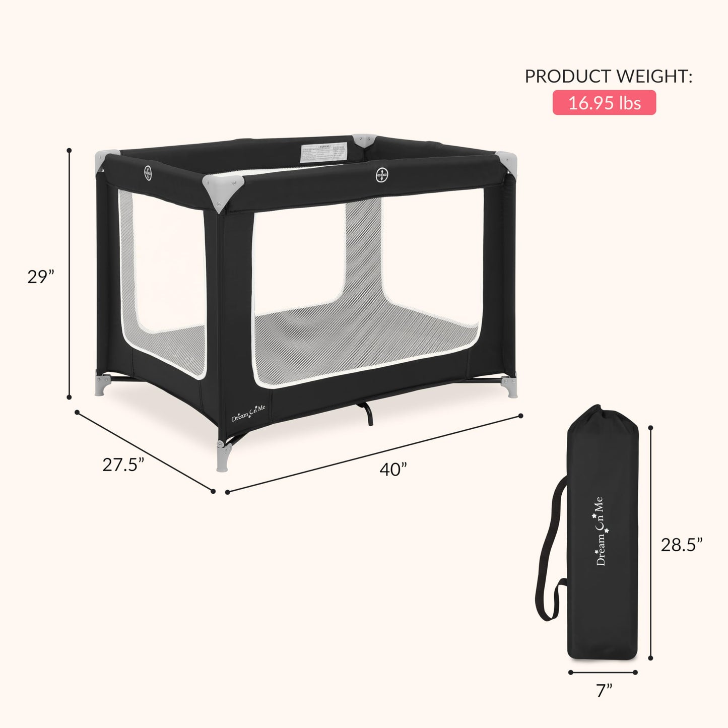 Dream On Me Zoom Portable Playard in Black, Lightweight, Packable and Easy Setup Baby Playard, Breathable Mesh Sides and Soft Fabric - Comes with a Removable Padded Mat